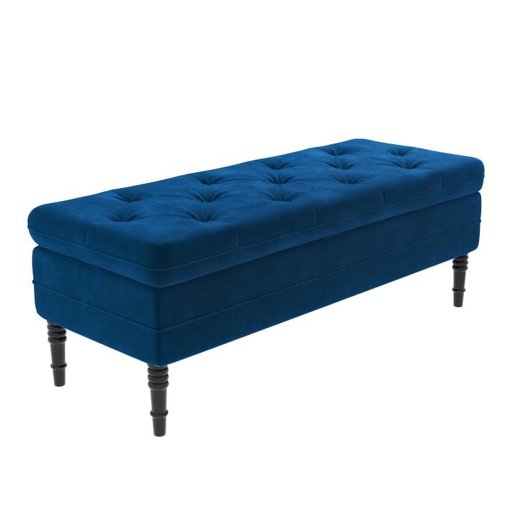 Navy Blue Velvet End-of-Bed Ottoman Storage Bench with Button Detail - Safina