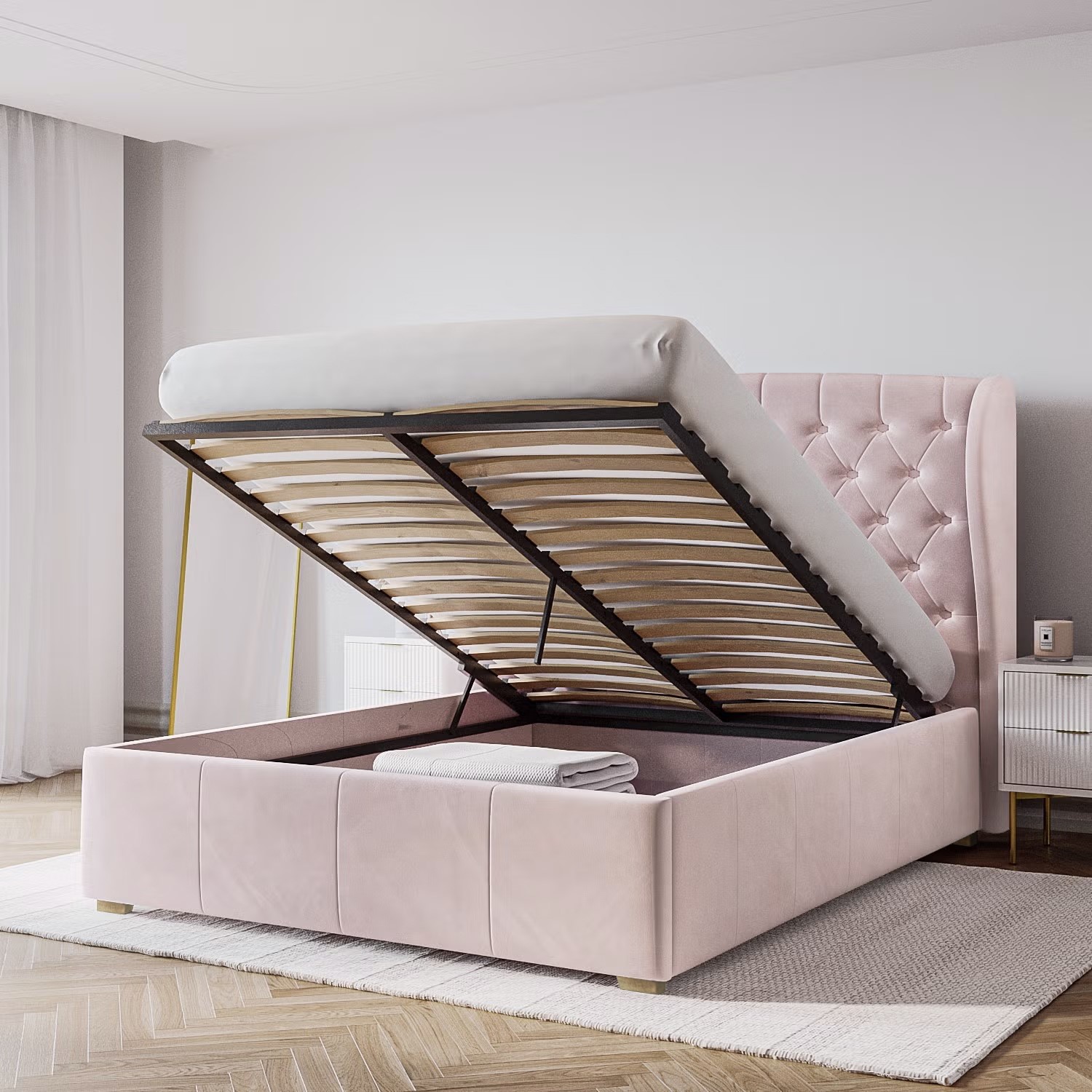 Pink Velvet King Size Ottoman Bed with Winged Headboard Safina Page 1 BuyItDirect.ie