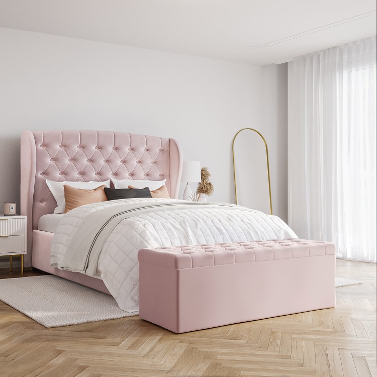 Pink Velvet King Size Ottoman Bed with Winged Headboard - Safina