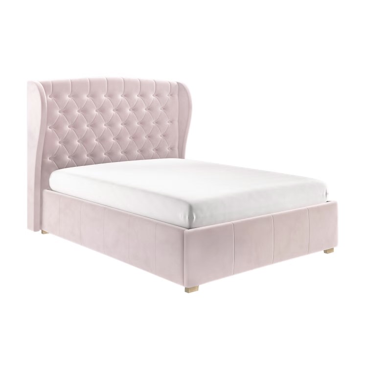 Pink Velvet King Size Ottoman Bed with Winged Headboard - Safina