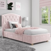 Pink Velvet Upholstered Single Bed Frame with Storage Drawer - Safina Pink Velvet Upholstered Single Bed Frame with Storage Drawer - Safina