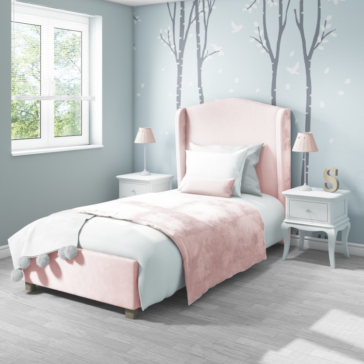 Pink Velvet Upholstered Single Bed Frame with High Winged Headboard - Safina