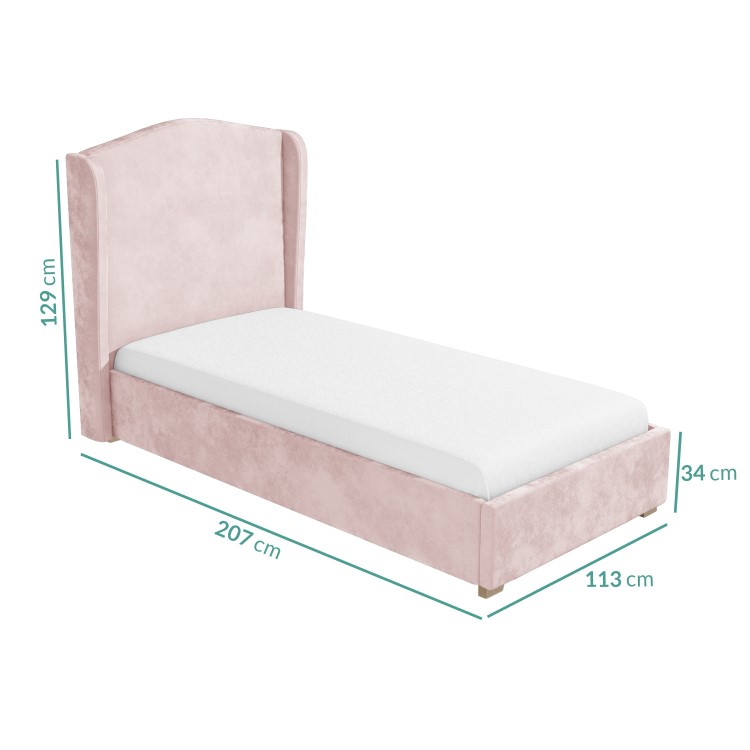 Pink Velvet Upholstered Single Bed Frame with High Winged Headboard - Safina