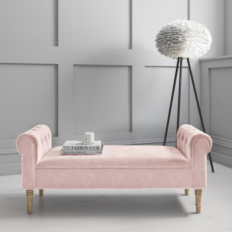 Pink Velvet End-of-Bed Bench with Buttoned Armrests - Safina