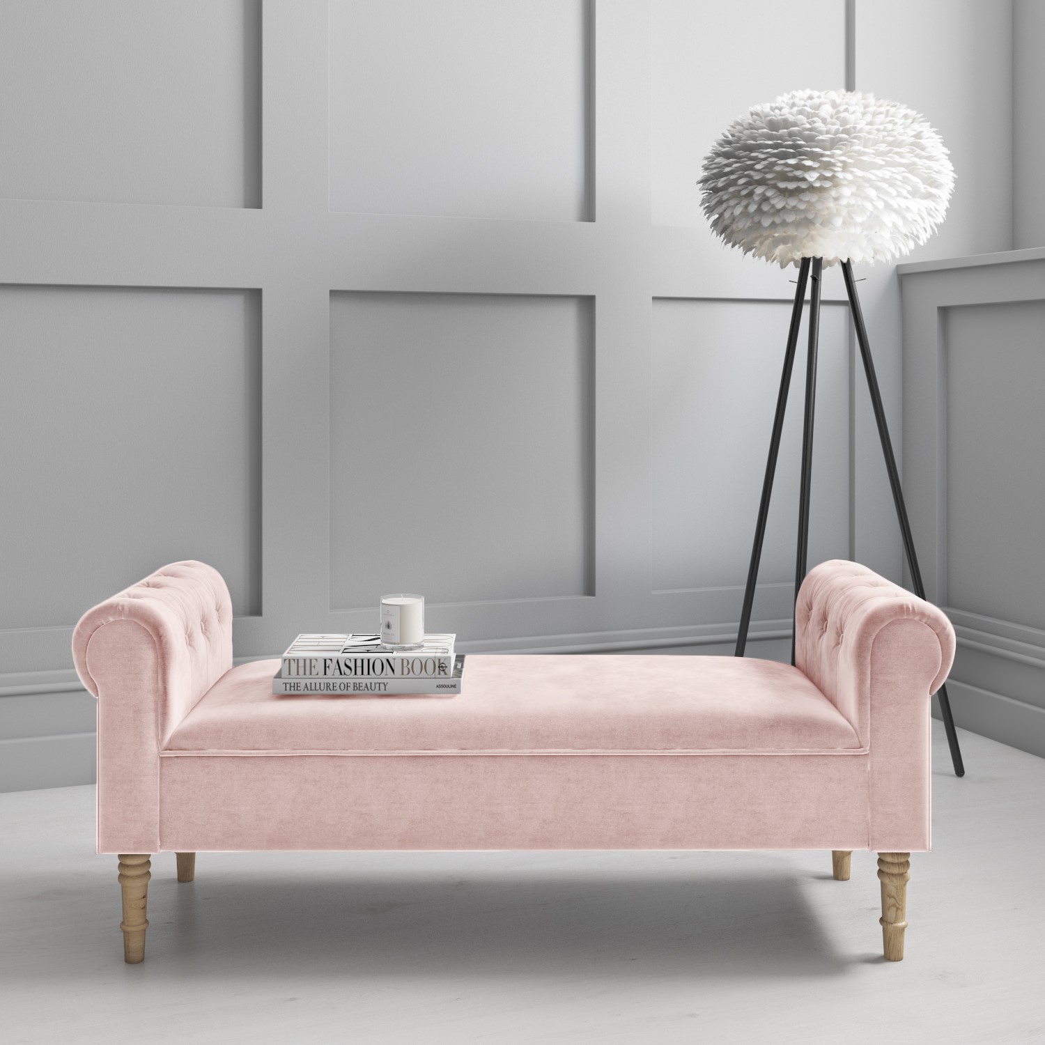Pink Velvet End-of-Bed Bench with Buttoned Armrests Safina