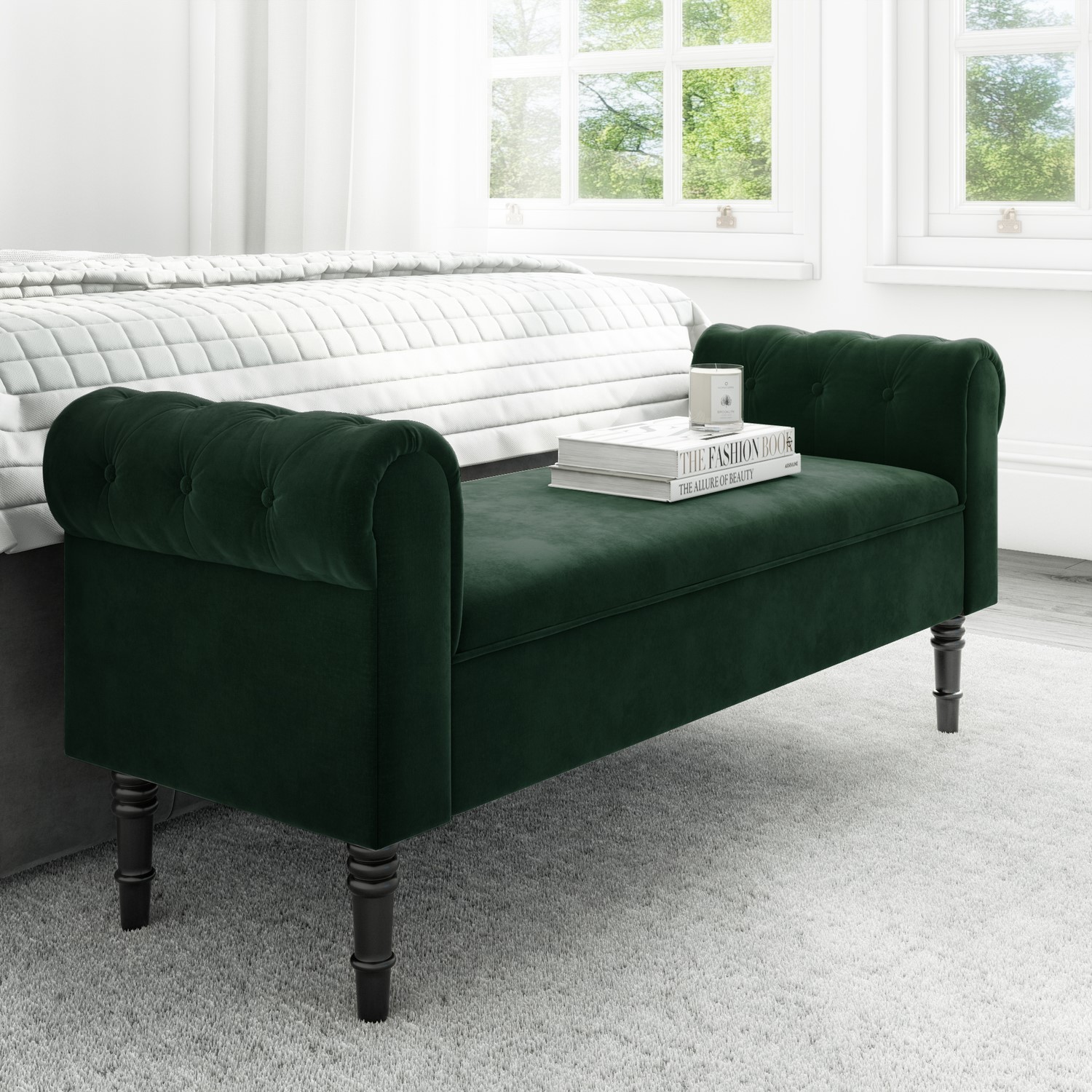 Safina Green Velvet Hallway Bench With Quilted Arm Rest Buy It