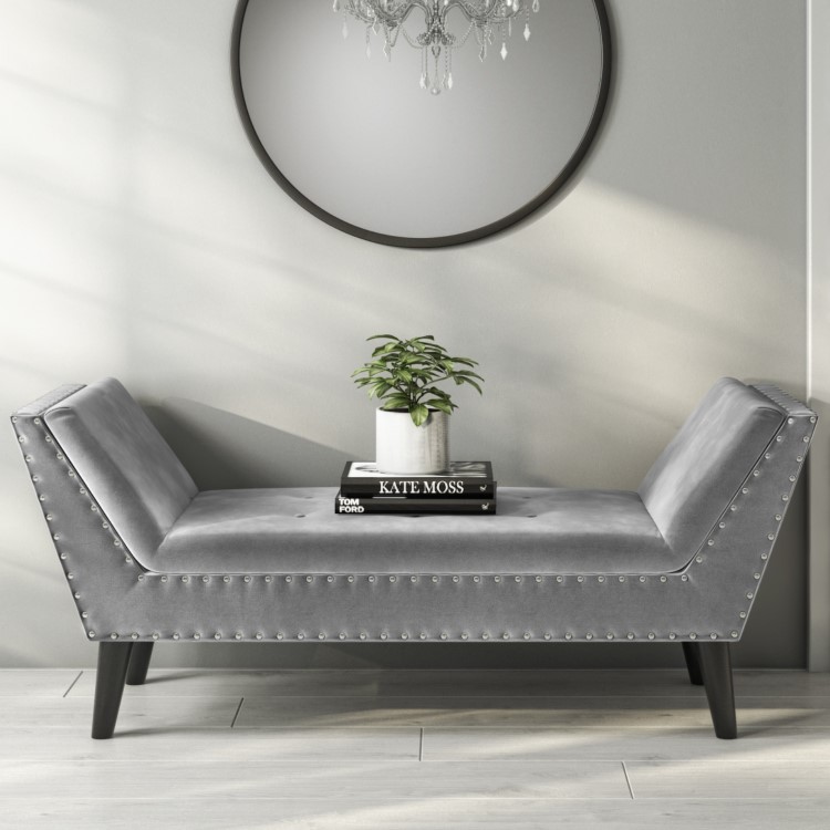 Cushioned End-of-Bed Bench in Grey Velvet - Safina