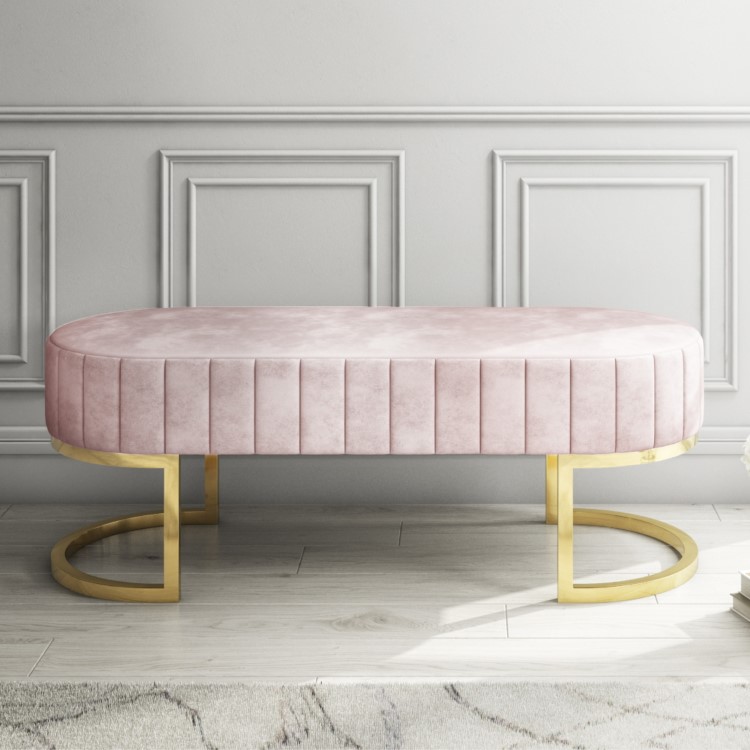 Safina Velvet Bench in Baby Pink with Gold Legs