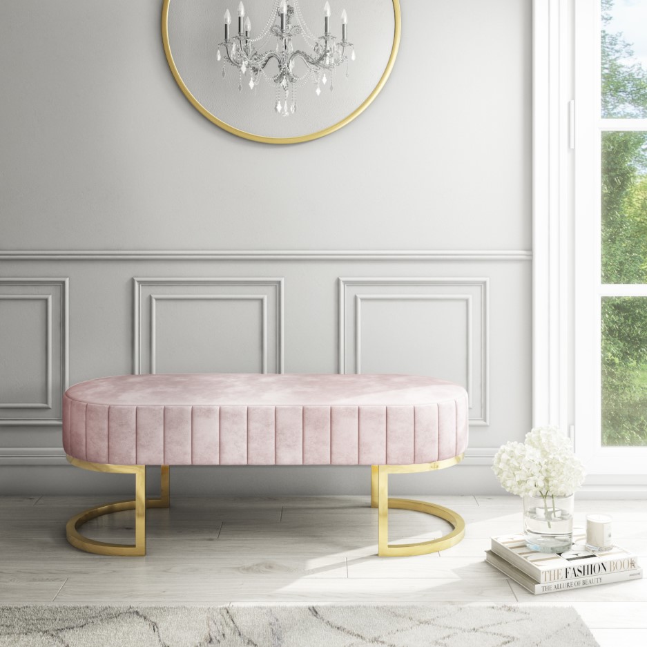 Safina Velvet Hallway Bench in Baby Pink with Gold Legs - BuyItDirect.ie