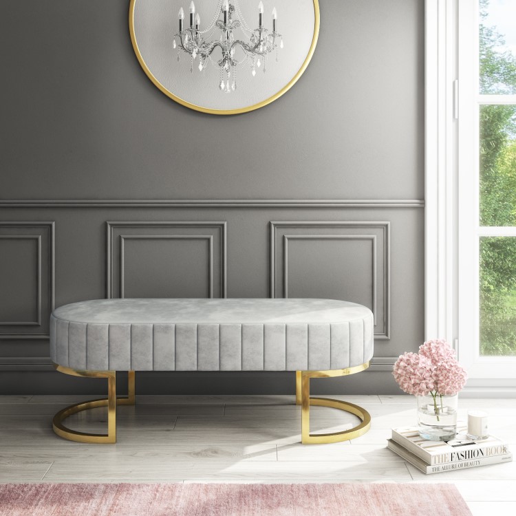 Safina Velvet Hallway Bench in Silver Grey with Gold Legs
