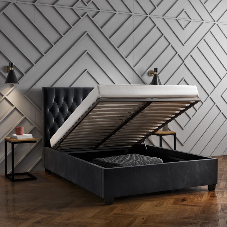 Dark Grey Velvet King Size Ottoman Bed with Chesterfield Headboard - Safina