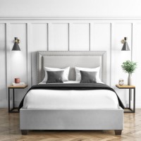Grey Velvet Double Ottoman Bed with Studded Headboard - Safina