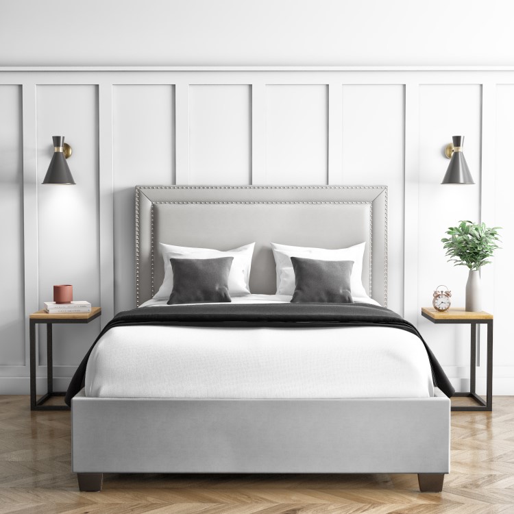 Grey Velvet Double Ottoman Bed with Studded Headboard - Safina