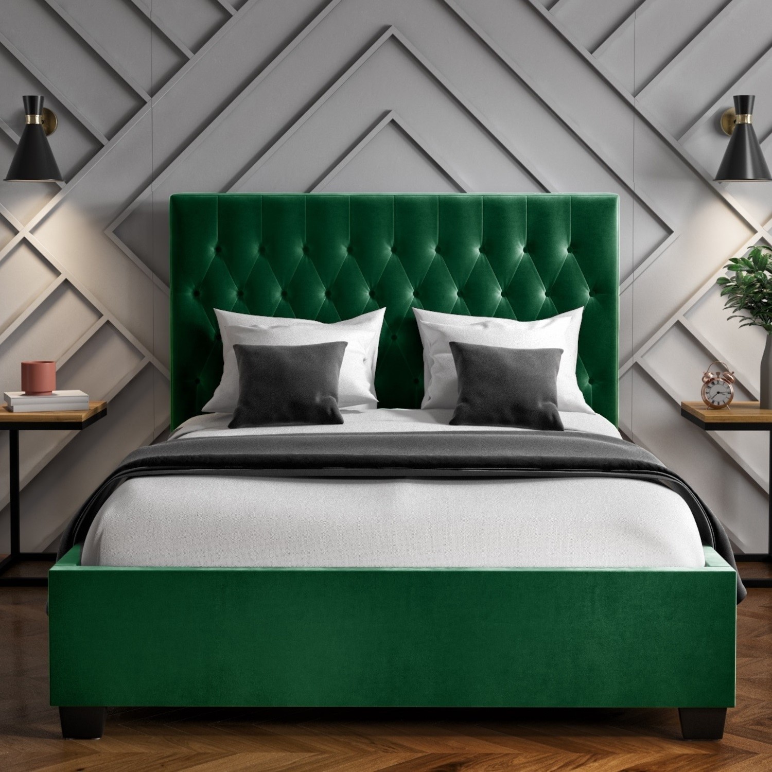 Green Velvet Double Ottoman Bed with Chesterfield Headboard Safina
