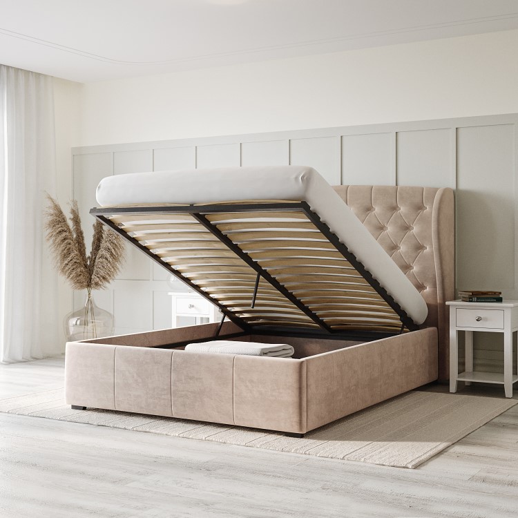 Beige Velvet King Size Ottoman Bed with Winged Headboard - Safina