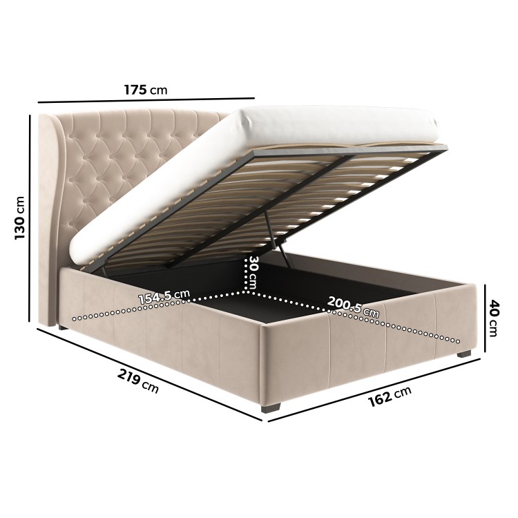 Beige Velvet King Size Ottoman Bed with Winged Headboard - Safina