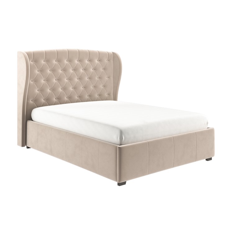 Beige Velvet King Size Ottoman Bed with Winged Headboard - Safina