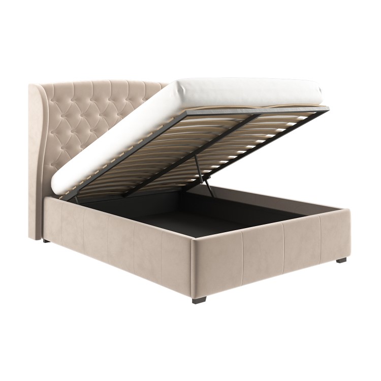 Beige Velvet King Size Ottoman Bed with Winged Headboard - Safina
