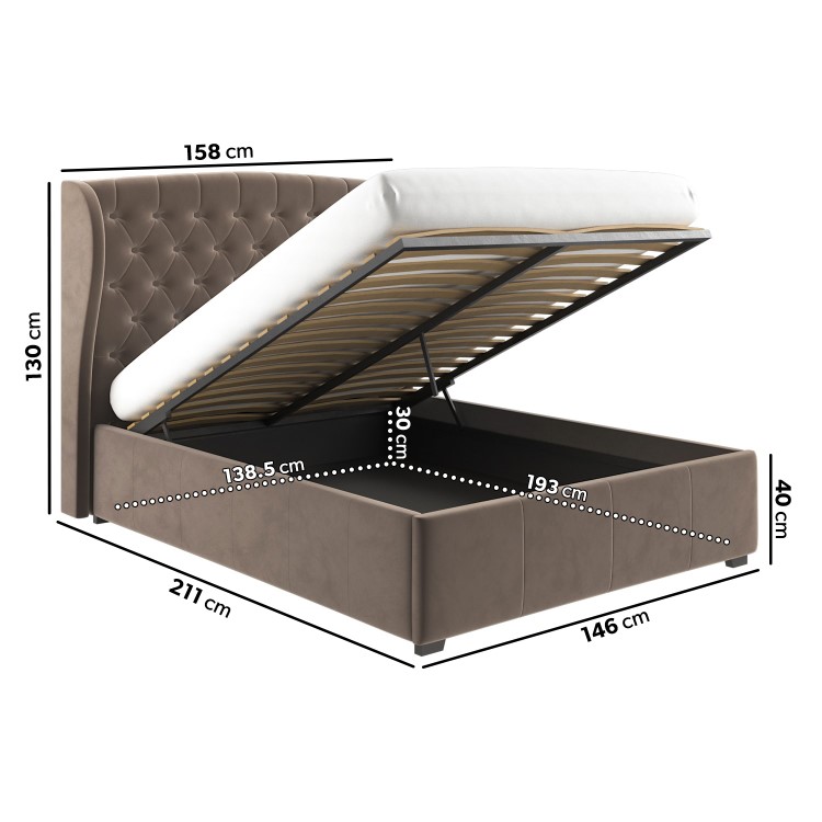 Mink Brown Velvet Double Ottoman Bed with Winged Headboard - Safina