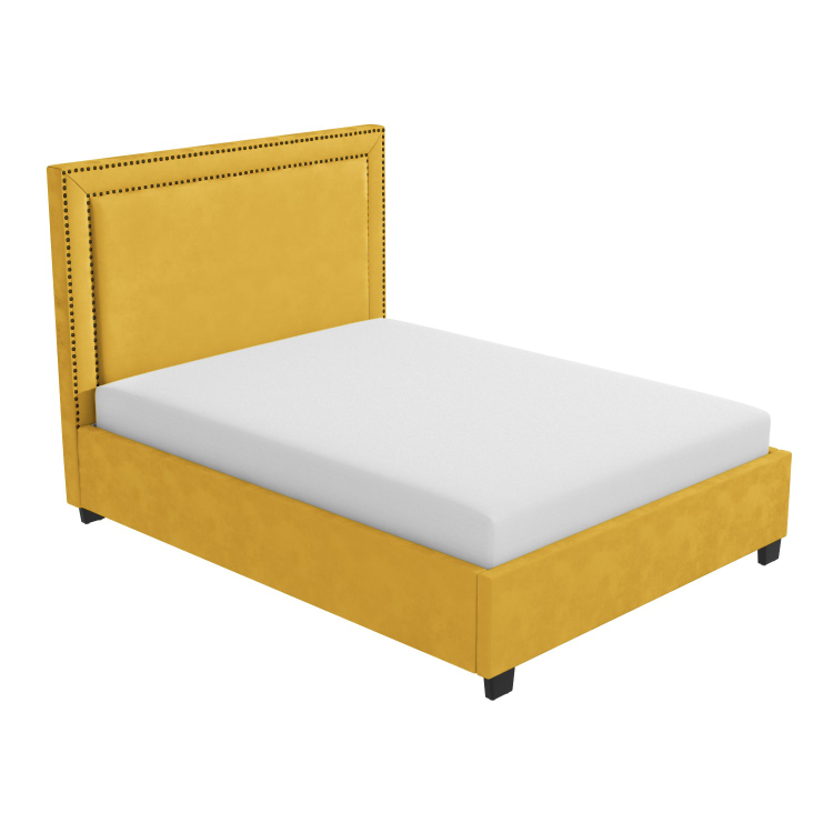 Yellow Velvet King Size Ottoman Bed with Studded Headboard - Safina