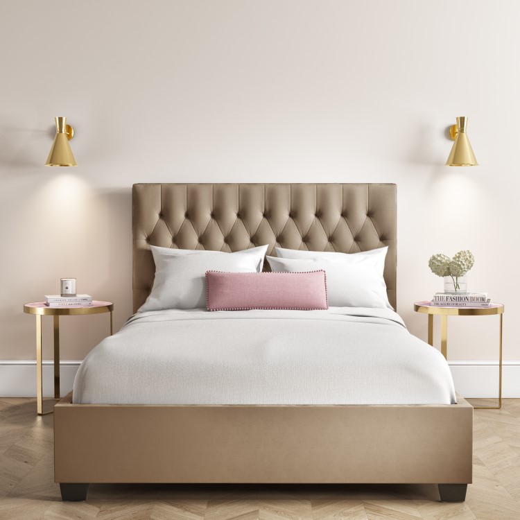Beige Velvet King Size Ottoman Bed with Chesterfield Headboard - Safina