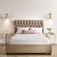 Beige Velvet King Size Ottoman Bed with Chesterfield Headboard - Safina