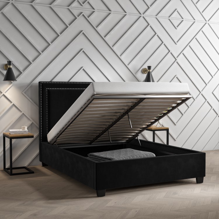 Black Velvet King Size Ottoman Bed with Studded Headboard - Safina