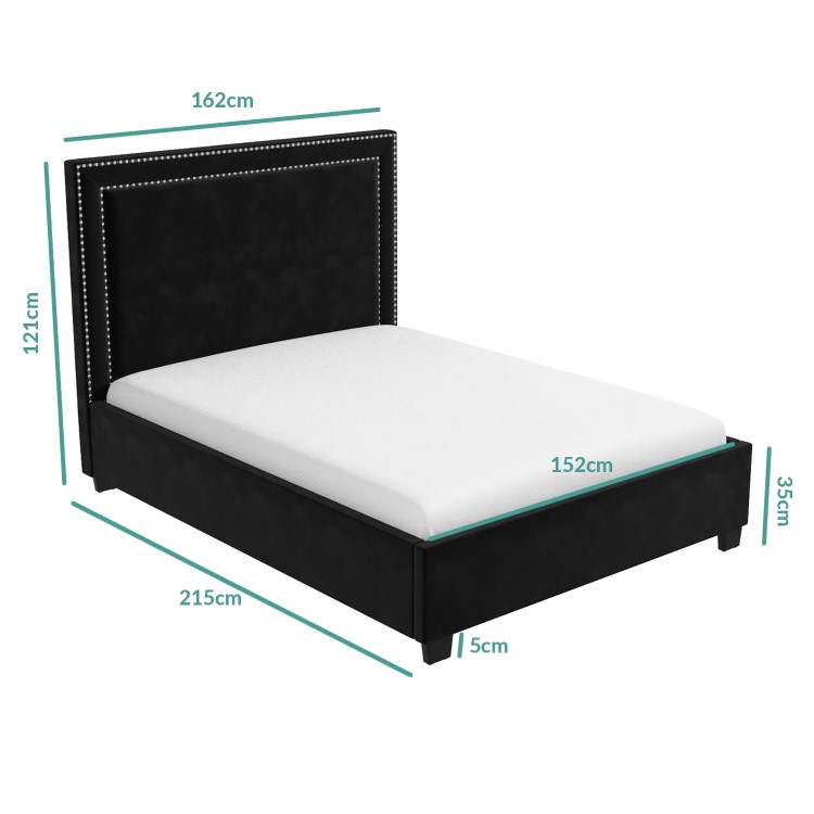 Black Velvet King Size Ottoman Bed with Studded Headboard - Safina