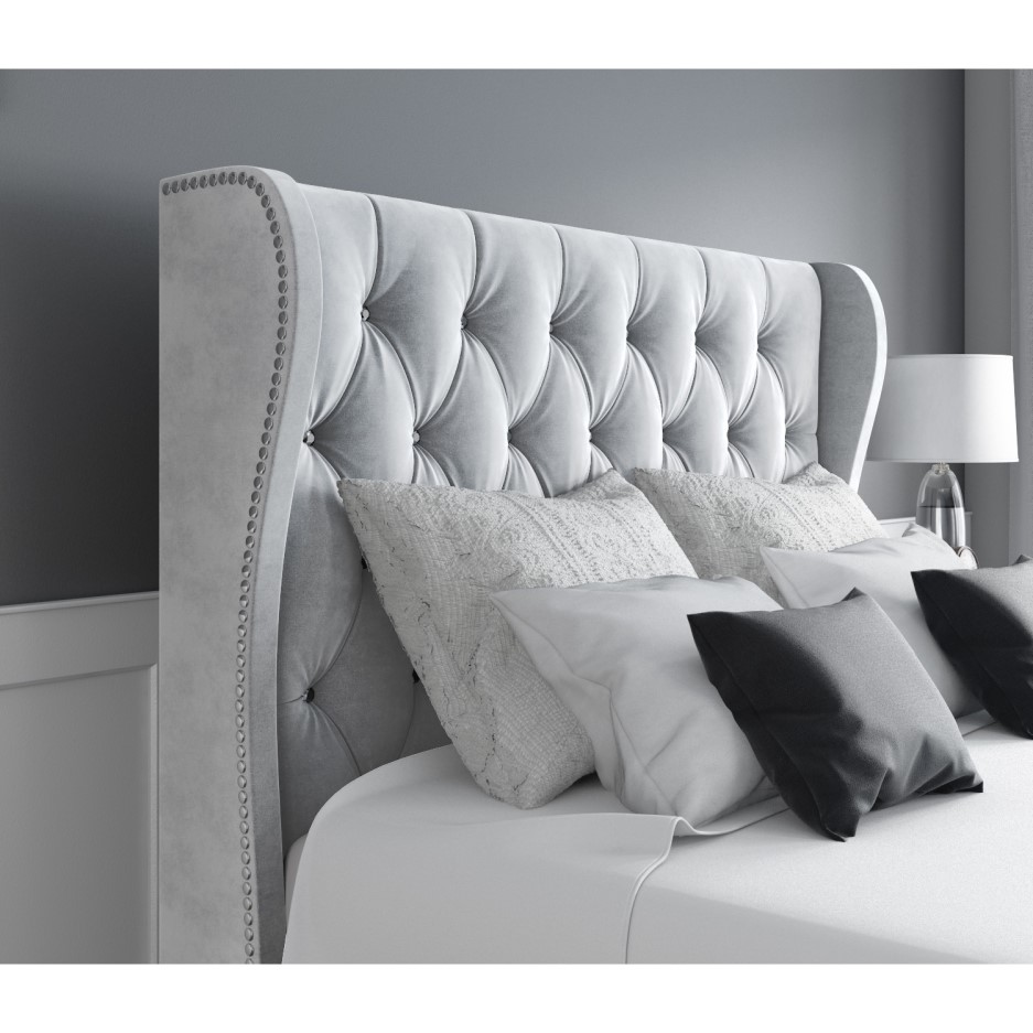 Safina Diamante Wing Back Small Double Ottoman Bed in Silver Grey