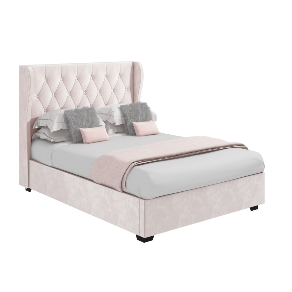 Safina Diamante Wing Back Small Double Ottoman Bed in Light Pink Velvet