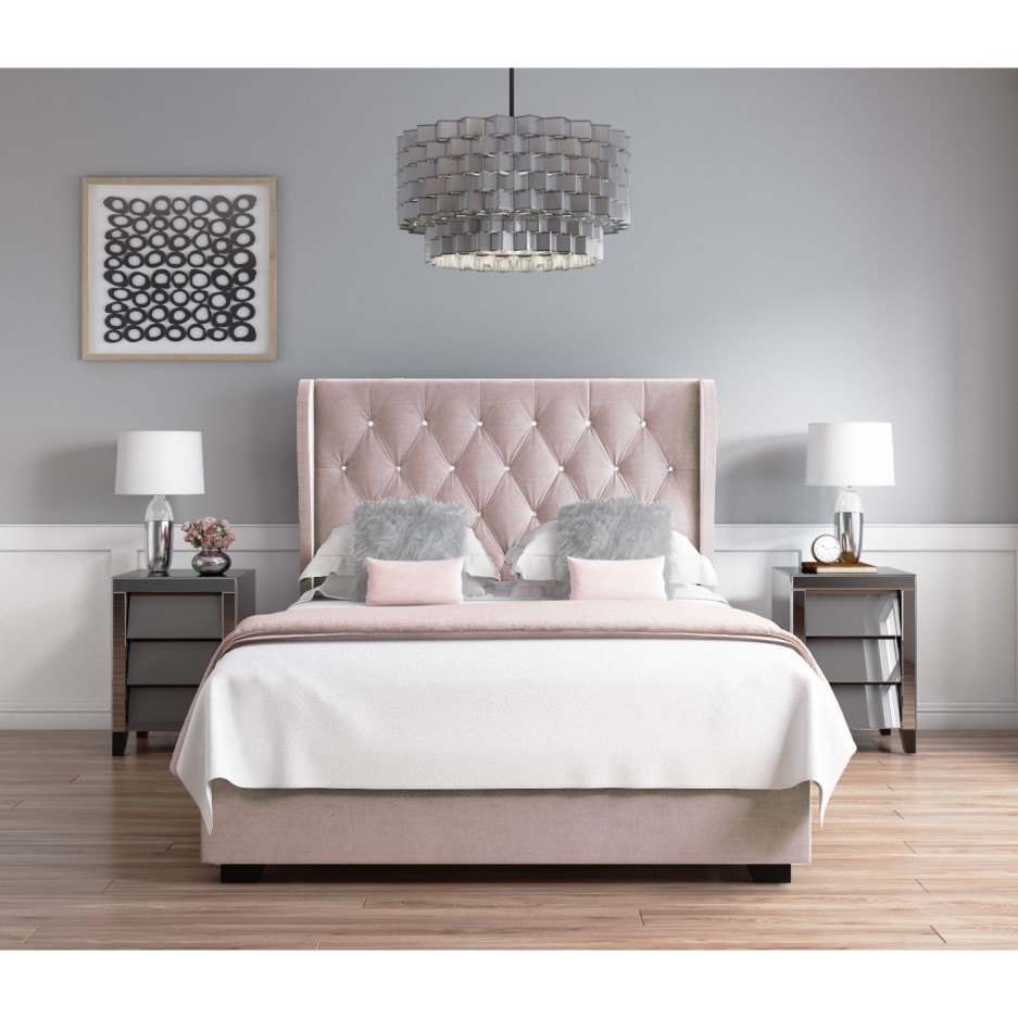 Safina Diamante Wing Back Small Double Ottoman Bed in Light Pink Velvet