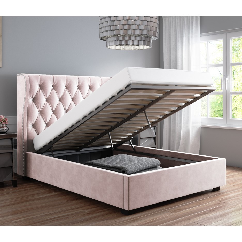 Safina Diamante Wing Back Small Double Ottoman Bed in Light Pink Velvet