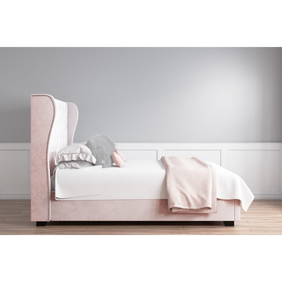 Safina Diamante Wing Back Small Double Ottoman Bed in Light Pink Velvet