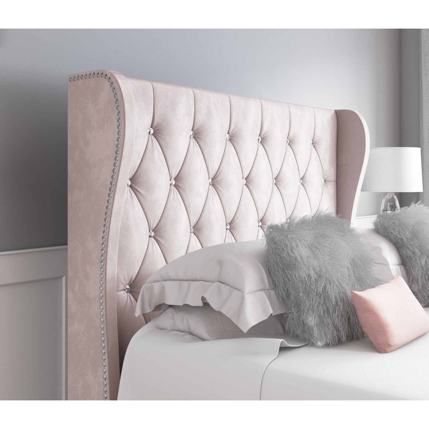 Safina Blush Pink Velvet Small Double, Small Double Headboard With Lights