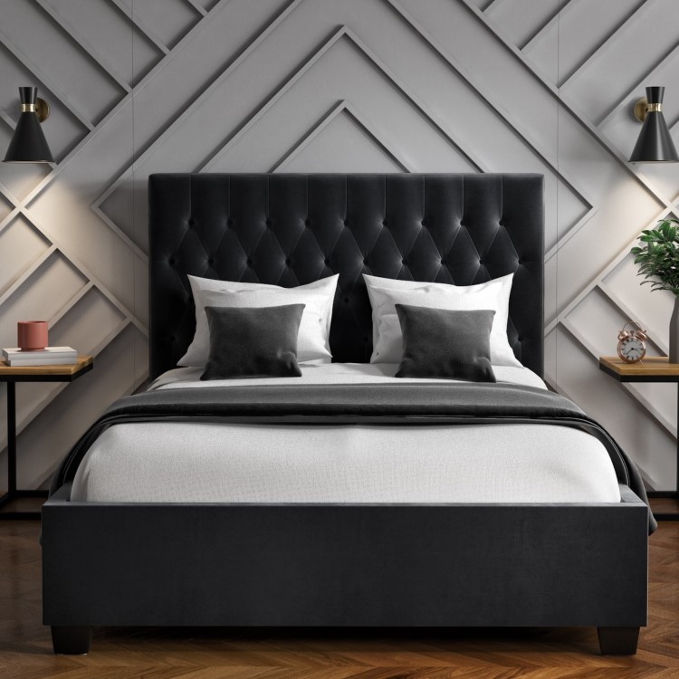 Dark Grey Velvet Small Double Ottoman Bed with Chesterfield Headboard - Safina