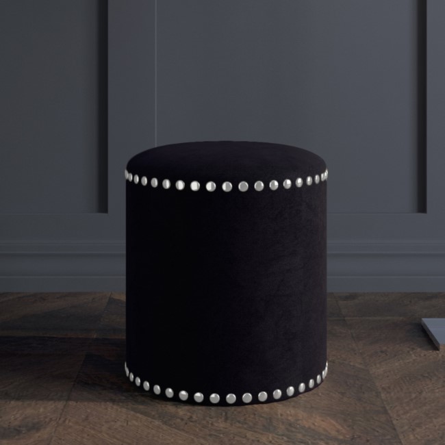 Safina Small Round Studded Stool in Black Velvet