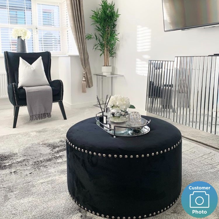 Large Round Black Velvet Pouffe - Safina
