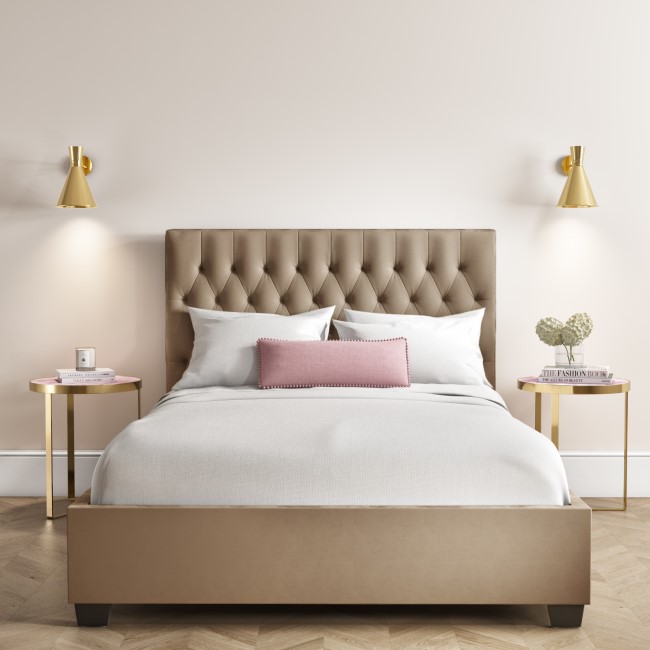 Beige Velvet Small Double Ottoman Bed with Chesterfield Headboard - Safina