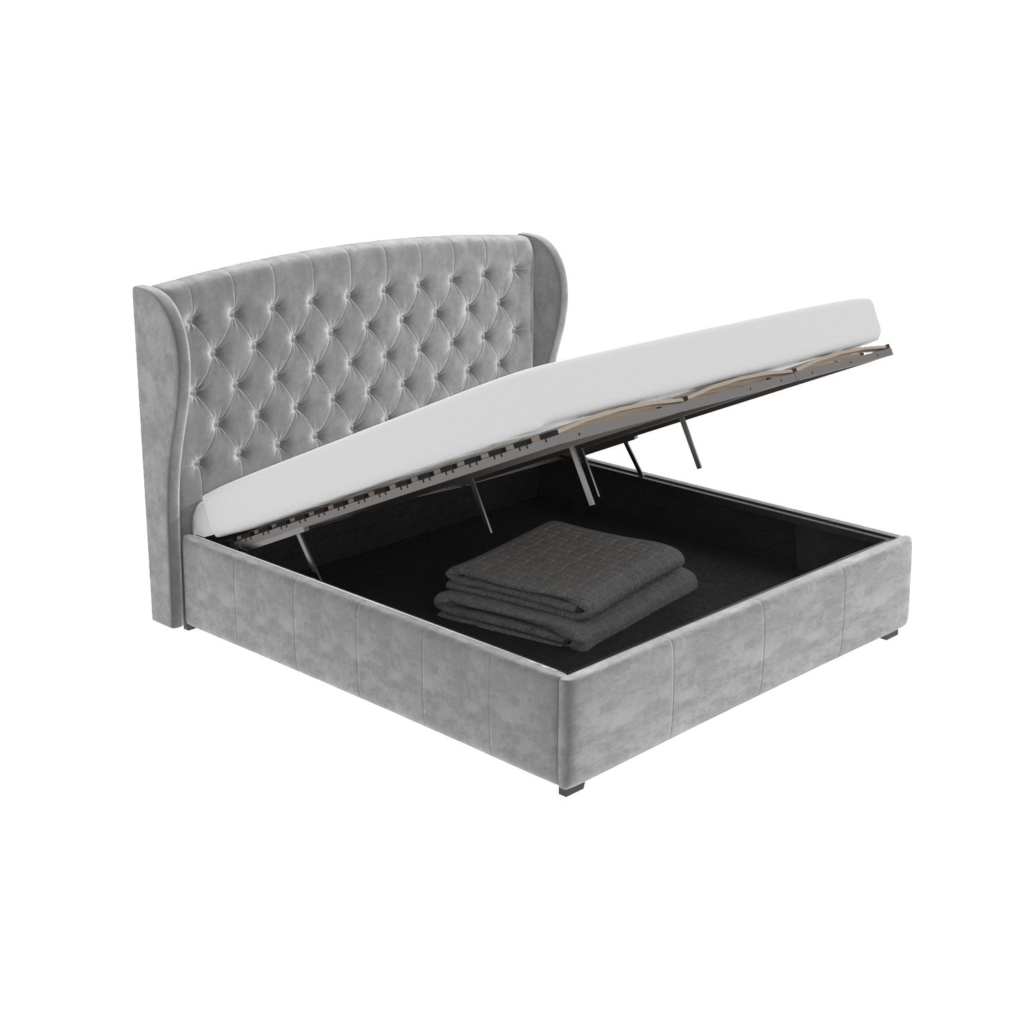 Grey Velvet Super King Ottoman Bed with Winged Headboard Safina
