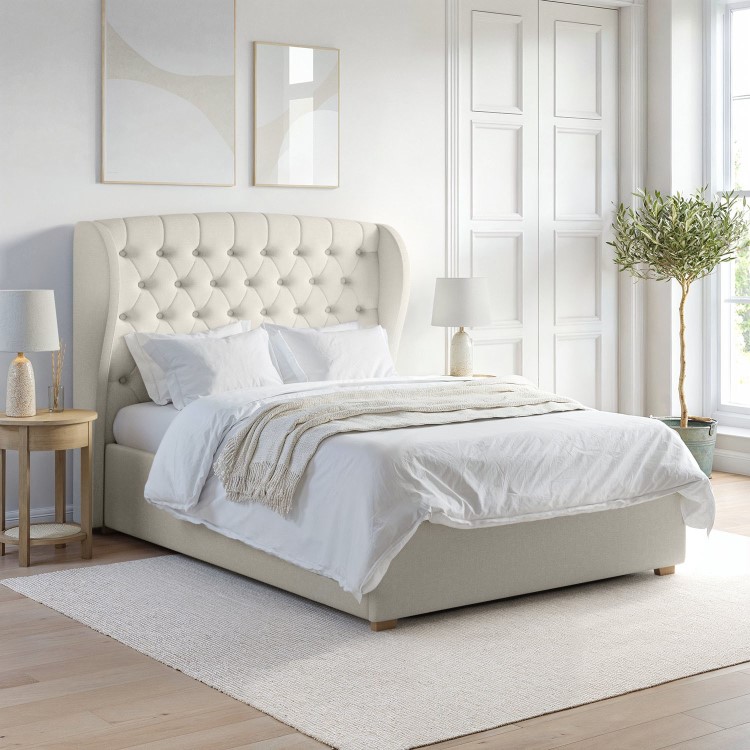 Cream Upholstered Double Ottoman Bed with Winged Headboard - Safina