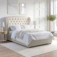 Cream Upholstered Double Ottoman Bed with Winged Headboard - Safina