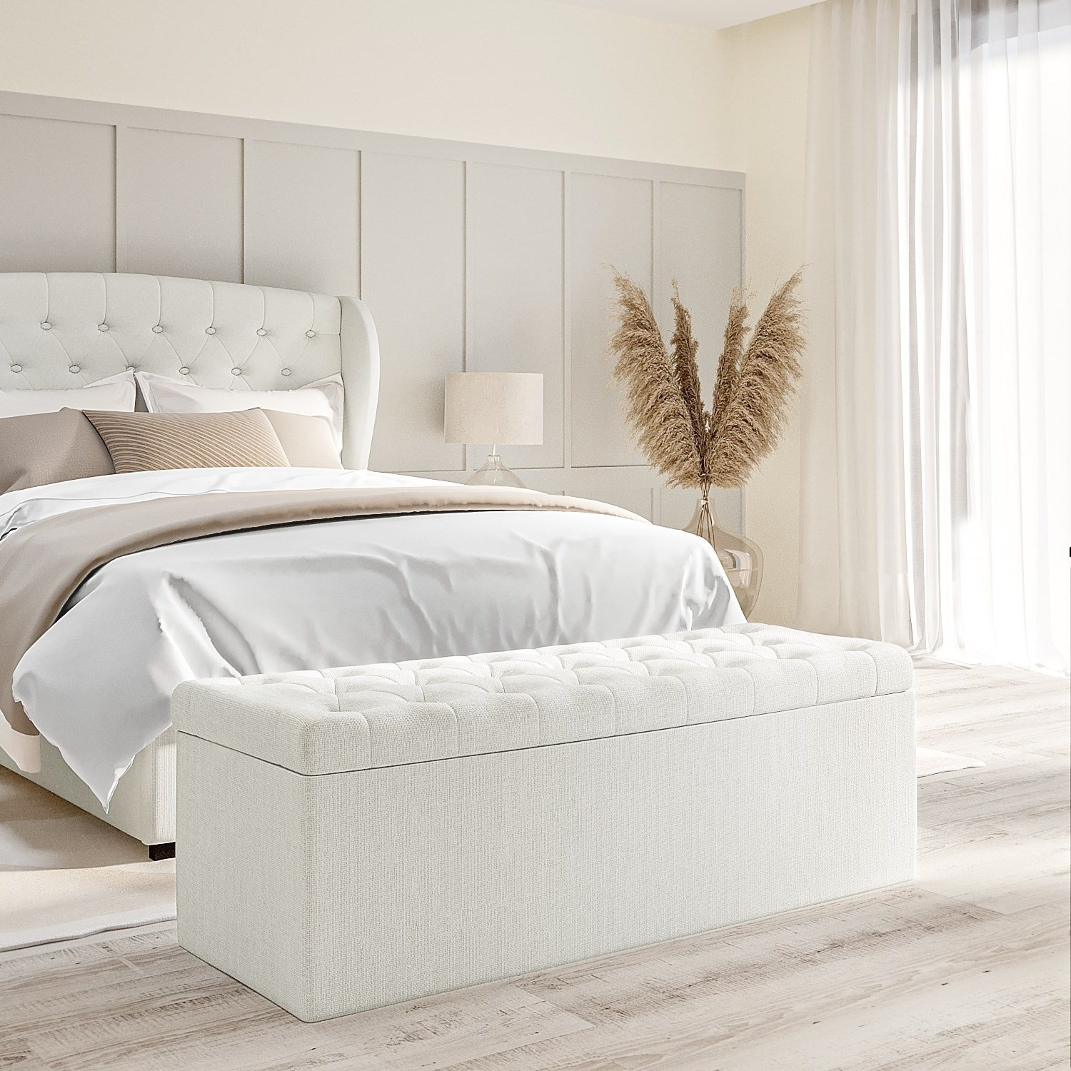 Cream Fabric Double Ottoman Bed with Winged Headboard Safina