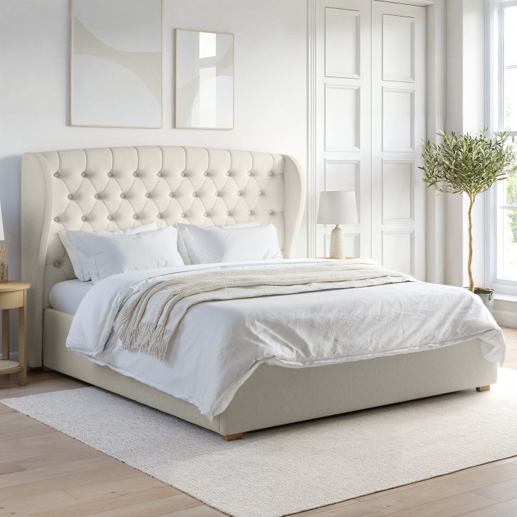 Cream Fabric Super King Ottoman Bed with Winged Headboard - Safina