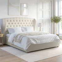 Cream Fabric Super King Ottoman Bed with Winged Headboard - Safina