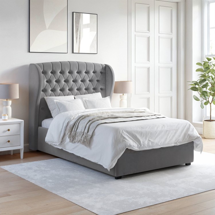 Grey Velvet Small Double Ottoman Bed with Winged Headboard - Safina