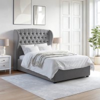 Grey Velvet Small Double Ottoman Bed with Winged Headboard - Safina