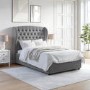 Grey Velvet Small Double Ottoman Bed with Winged Chesterfield Headboard - Safina