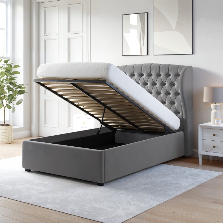 Grey Velvet Small Double Ottoman Bed with Winged Chesterfield Headboard - Safina