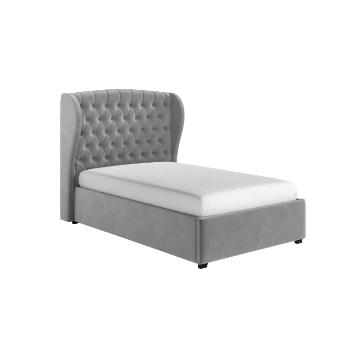 Grey Velvet Small Double Ottoman Bed with Winged Chesterfield Headboard - Safina