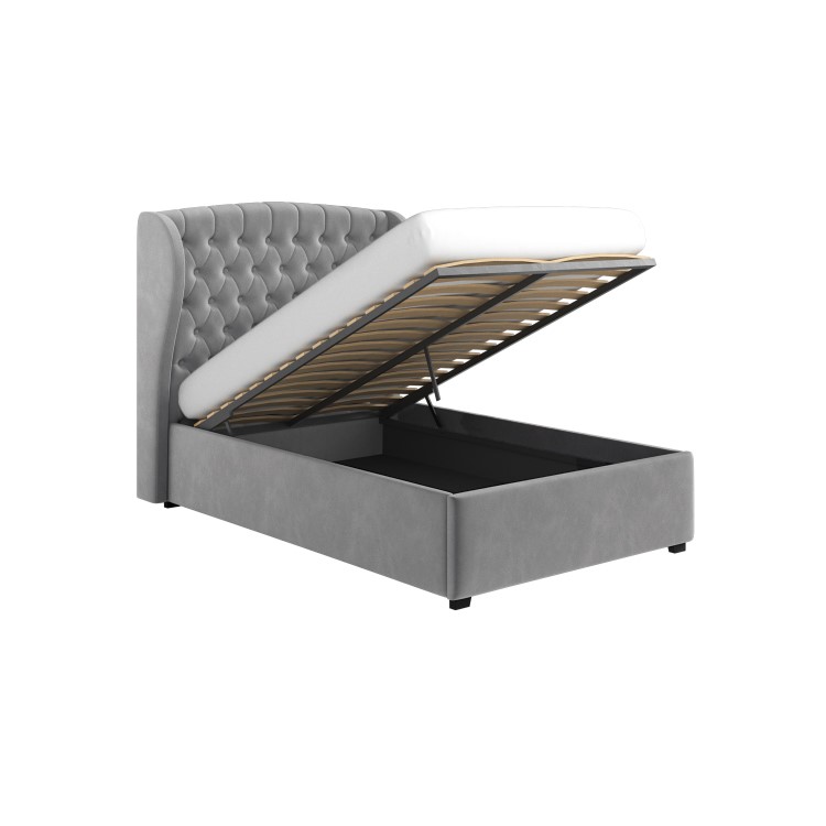 Grey Velvet Small Double Ottoman Bed with Winged Chesterfield Headboard - Safina